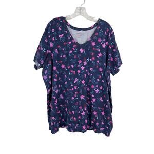 Woman Within Short Sleeve Shirt Size 2X 26/28 Blue Purple Floral Top Cotton